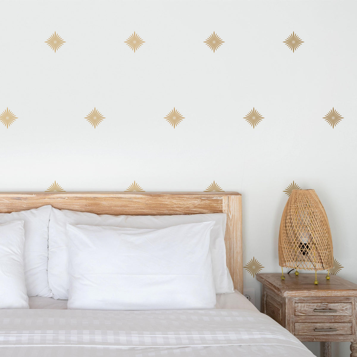 Mid Century Starburst Wall Decals displayed in a styled space