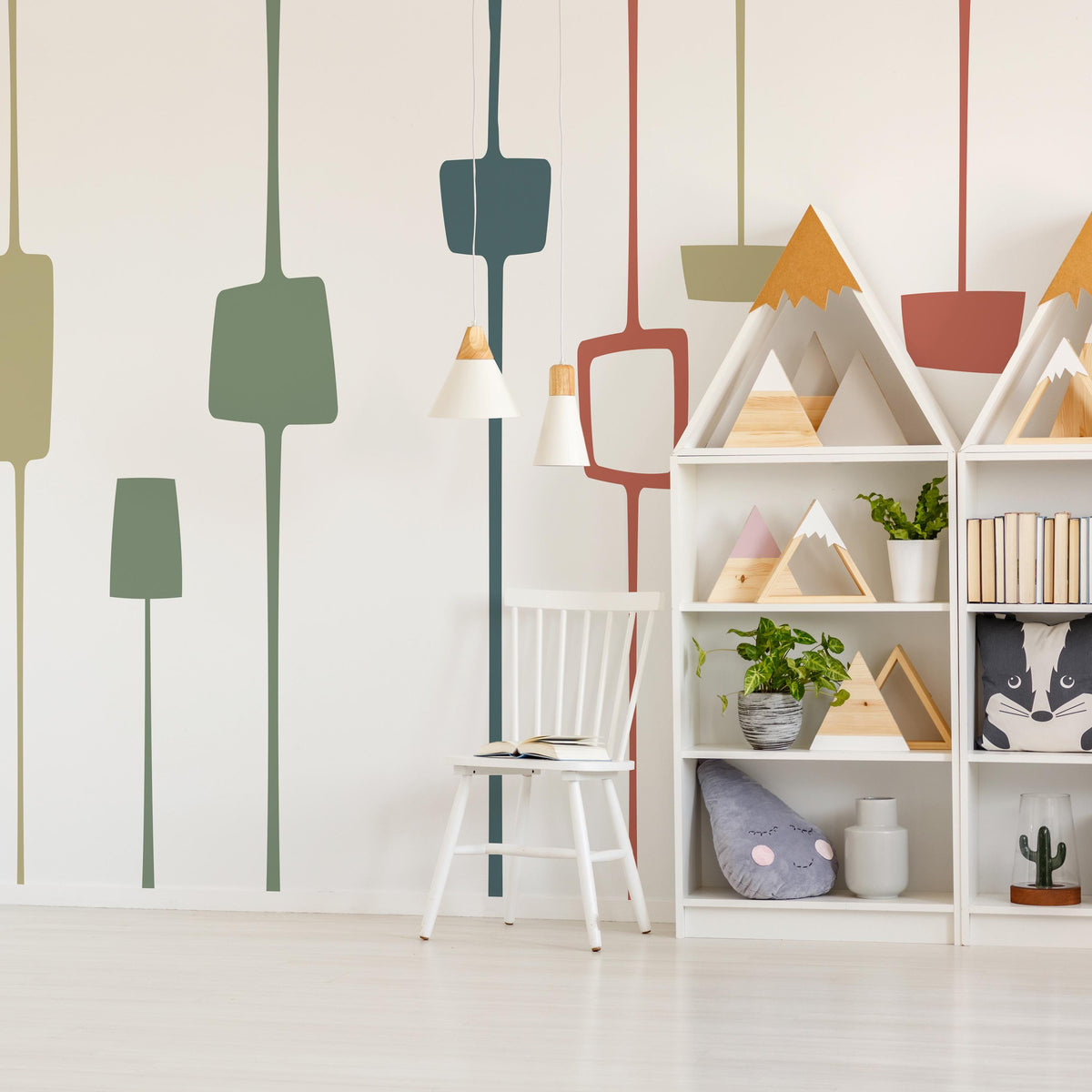 Mid Century Modern Wall Decals arranged on a feature wall