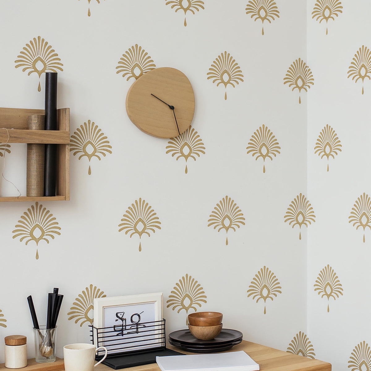 Damask Wall Decals Set (27 or 54) arranged on a feature wall