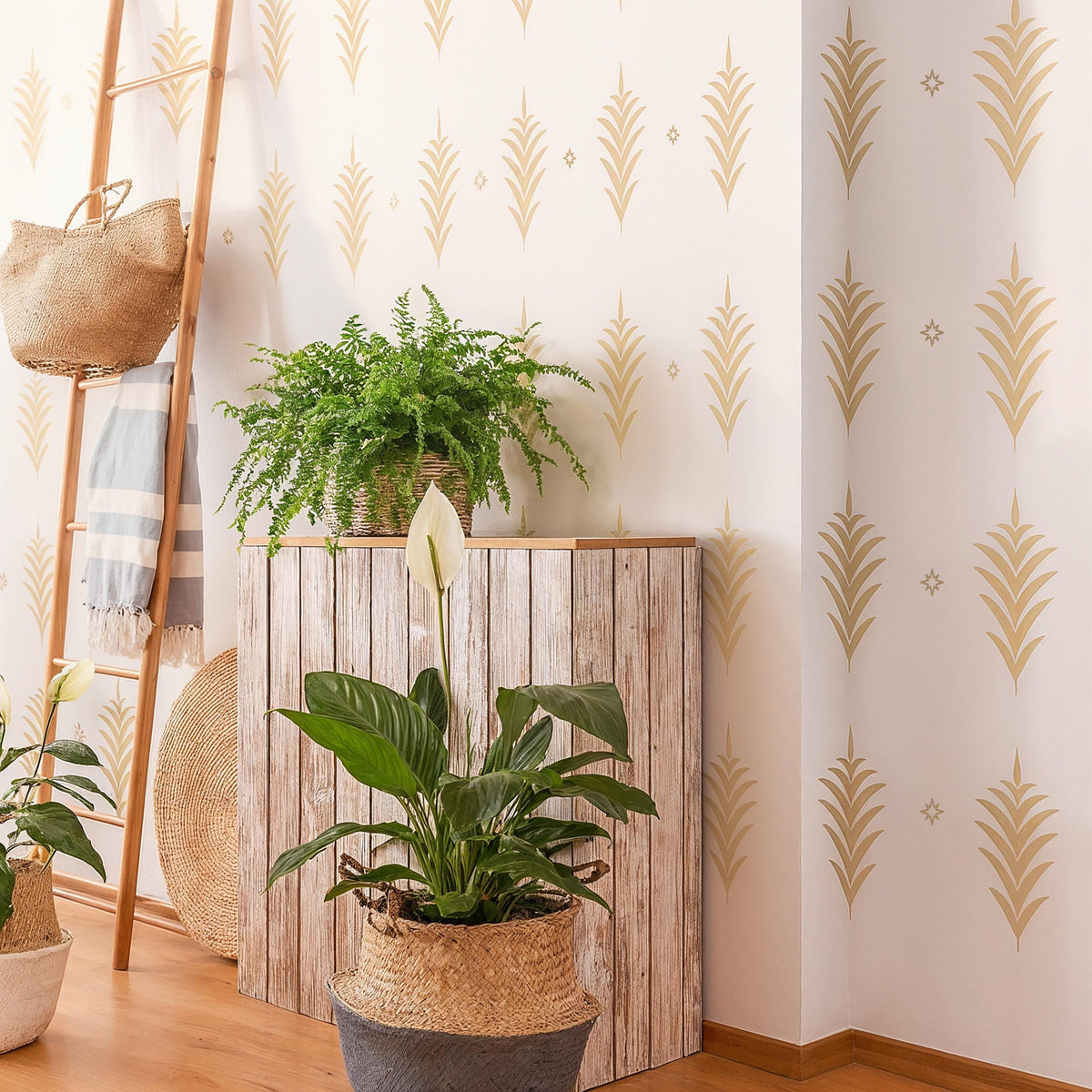 Fern Leaf Wall Decals (Set of 34) arranged on a feature wall