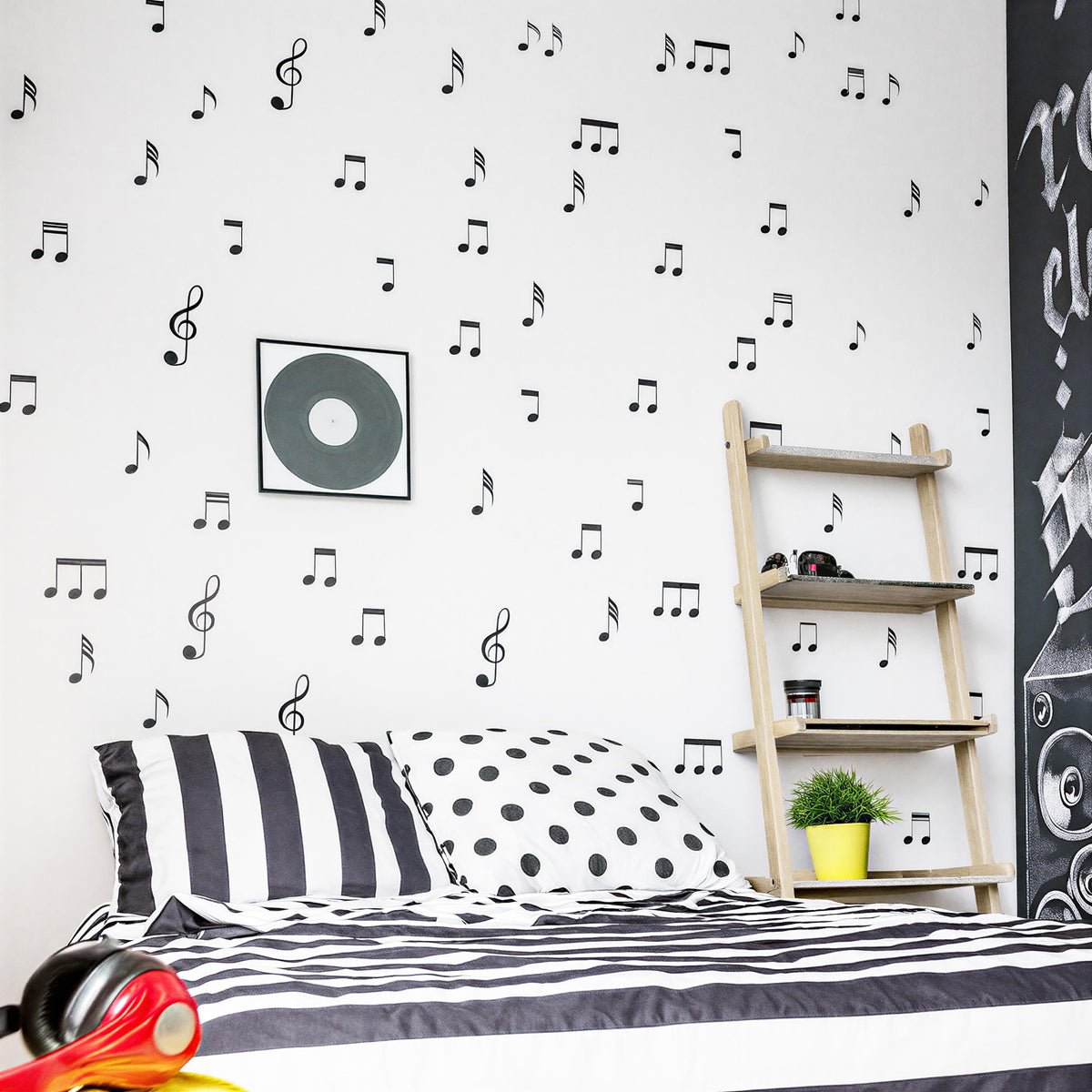 Music Notes Wall Decals (96 pcs) displayed in a styled space
