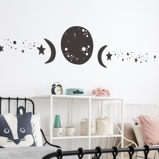 Boho Moon & Stars Wall Decal installed on a styled nursery wall