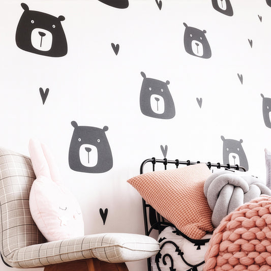 Bear Face Wall Decals with Hearts installed on a styled nursery wall