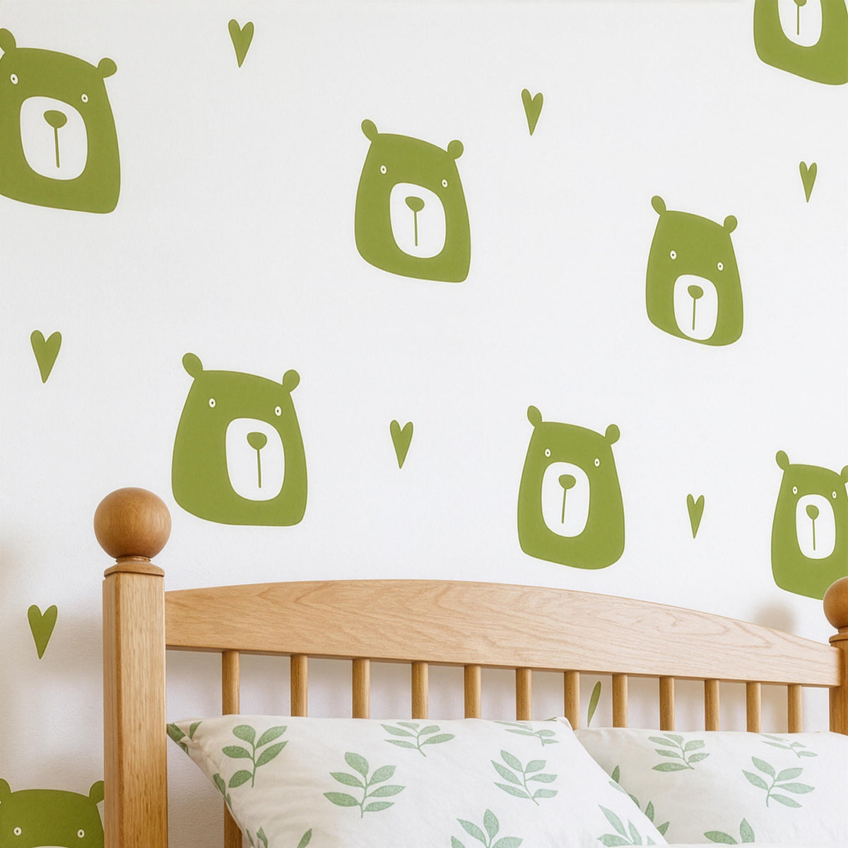 Bear Face Wall Decals with Hearts displayed in a styled space