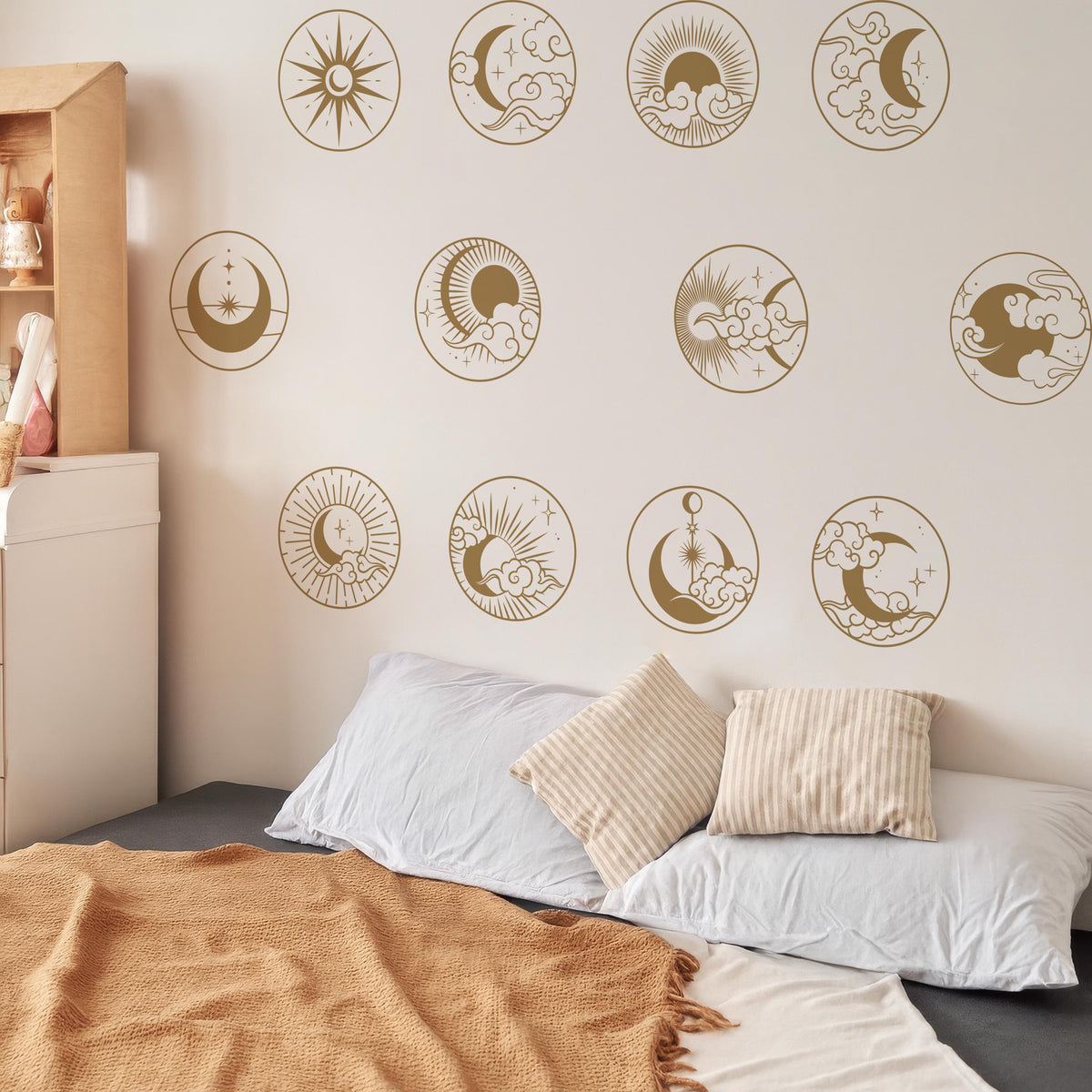 Celestial Wall Decals Set arranged on a feature wall