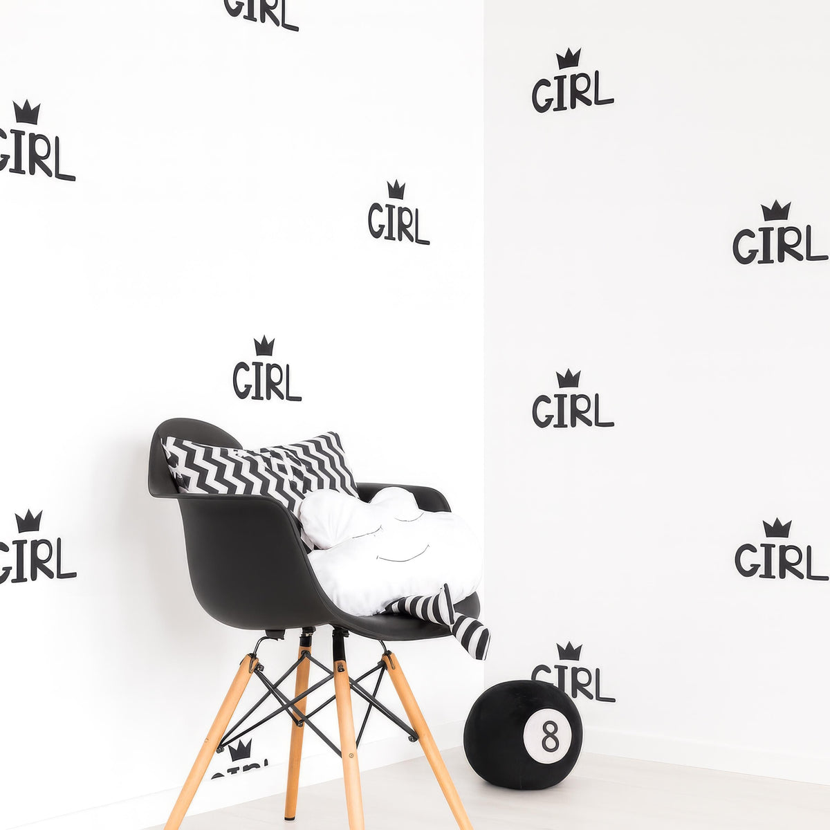 GIRL Wall Decals with Crown (Set of 16 or 32) 5in Vinyl Word Stickers styled in a room setting