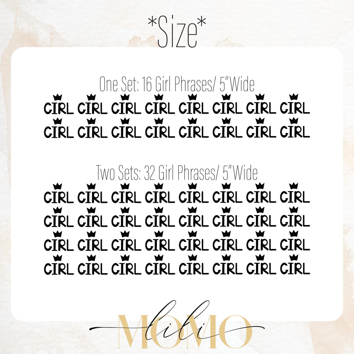 Close-up detail of girl wall decals with crown (set of 16 or 32) 5in vinyl word stickers matte vinyl finish