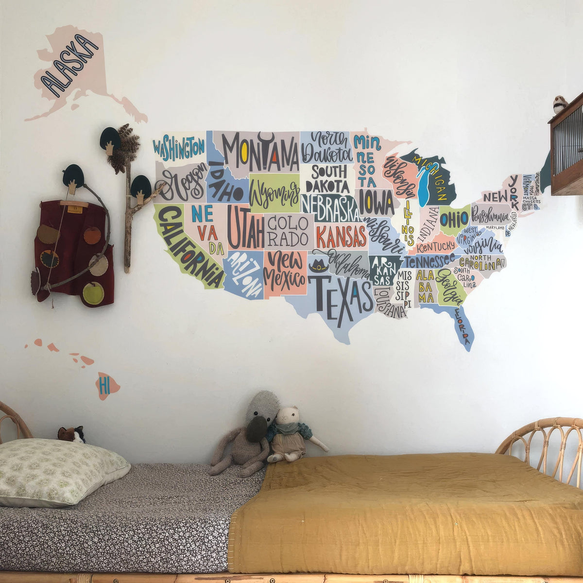 USA Map Wall Decal with State Names shown in a home interior