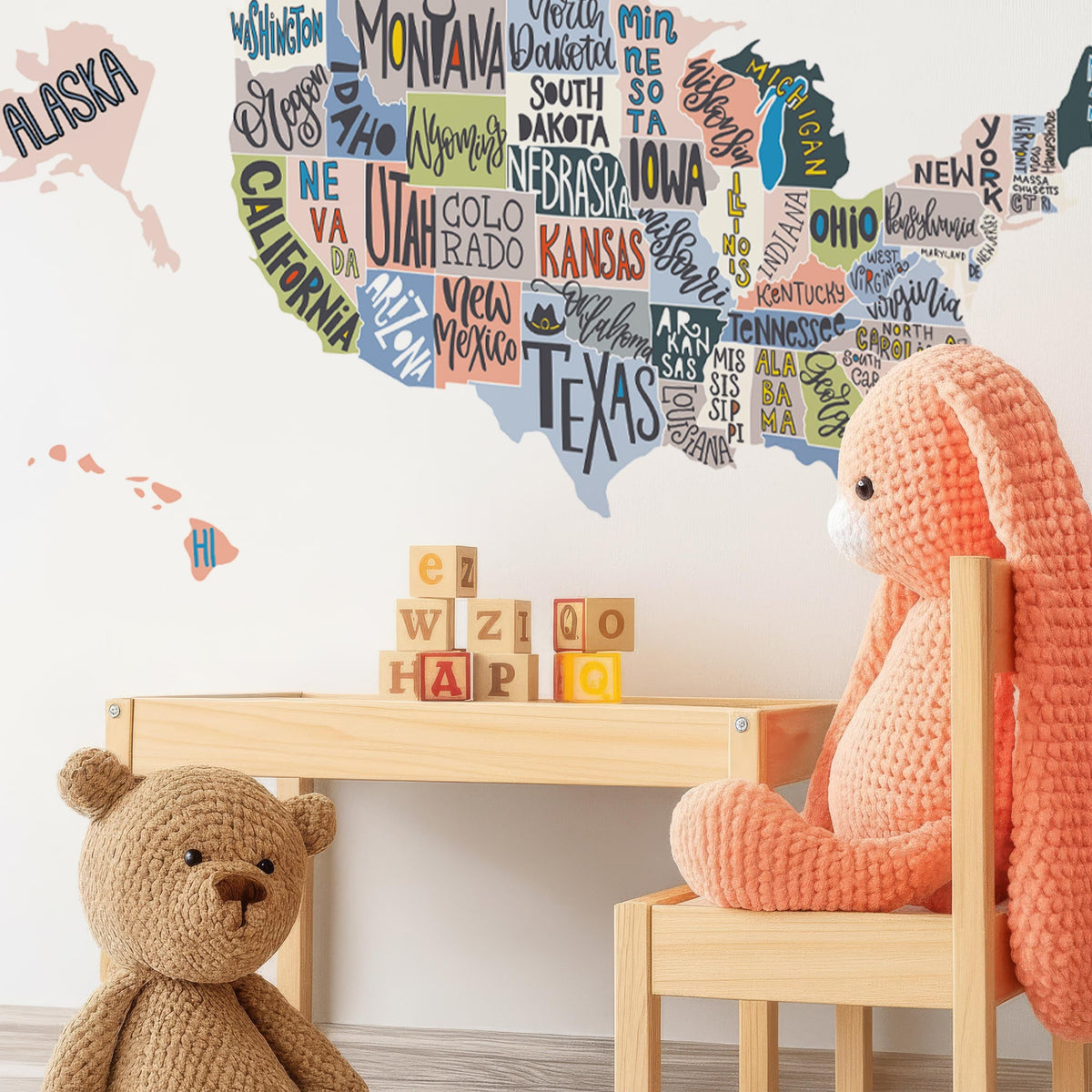 USA Map Wall Decal with State Names displayed in a styled space