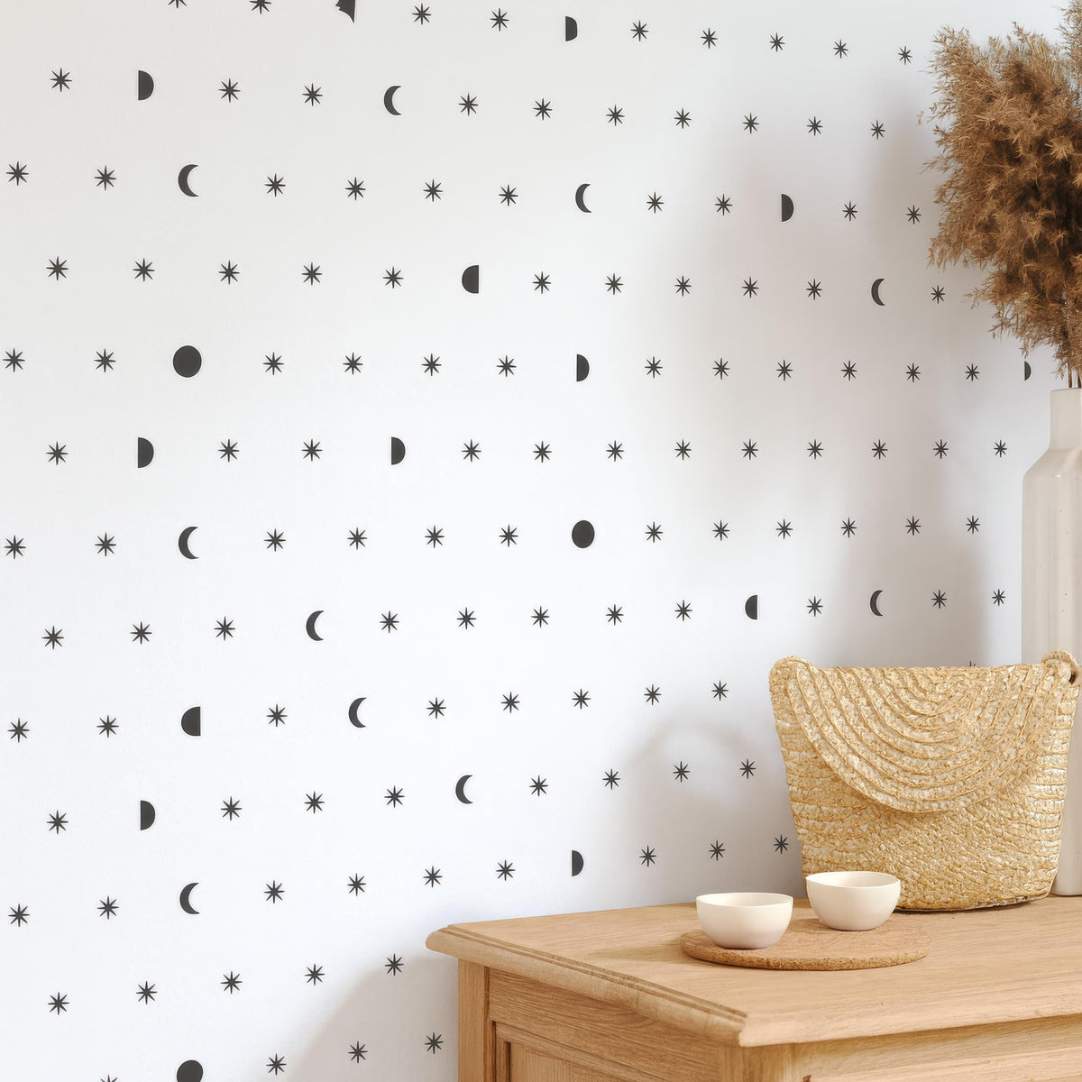 Moon Phase Wall Decals arranged on a feature wall