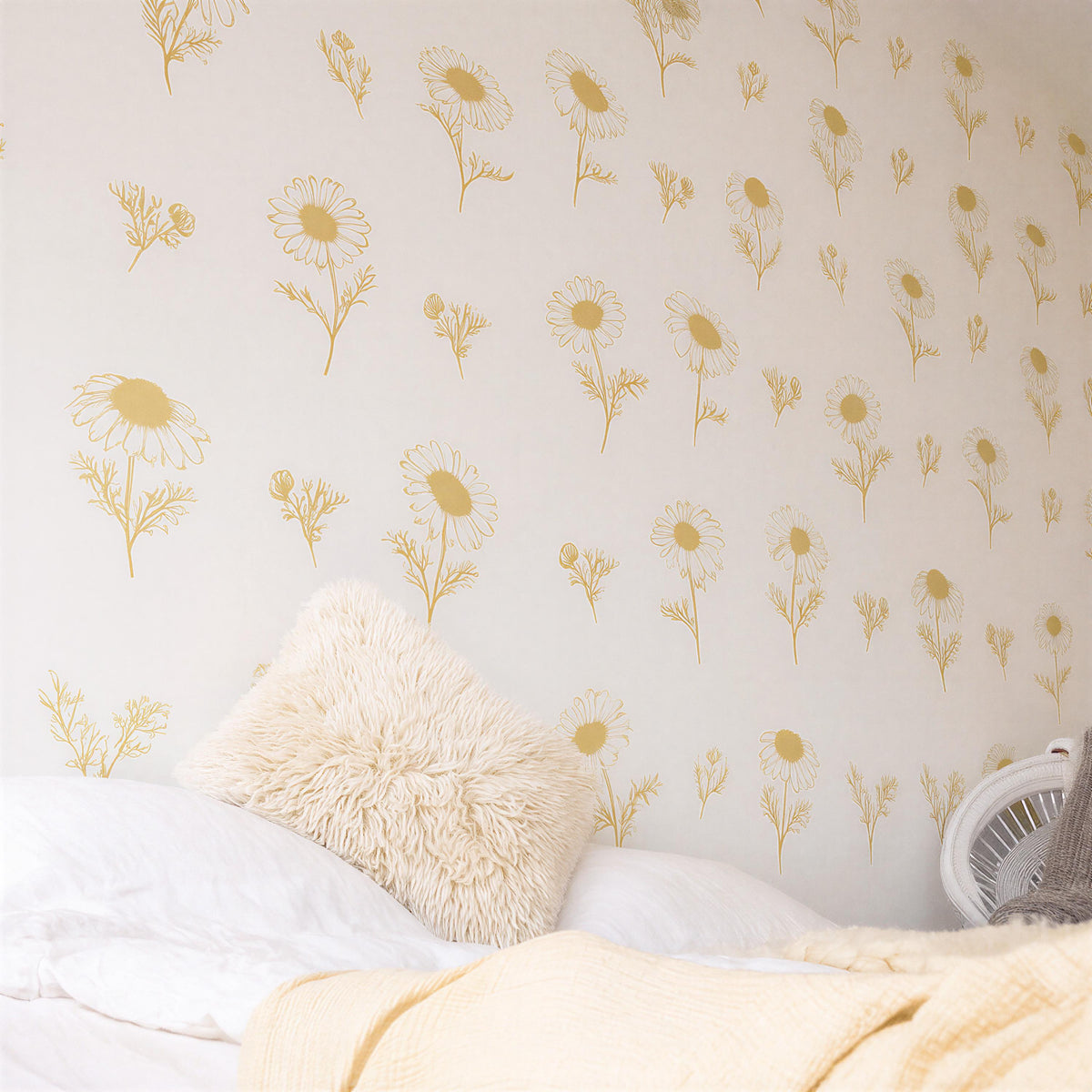 Sunflower Wall Decals Set (20 Flowers + 24 Buds) arranged on a feature wall