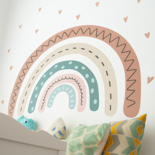 Rainbow Wall Decal with Hearts installed on a styled nursery wall