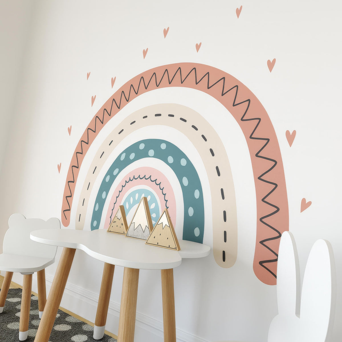 Rainbow Wall Decal with Hearts shown in a home interior