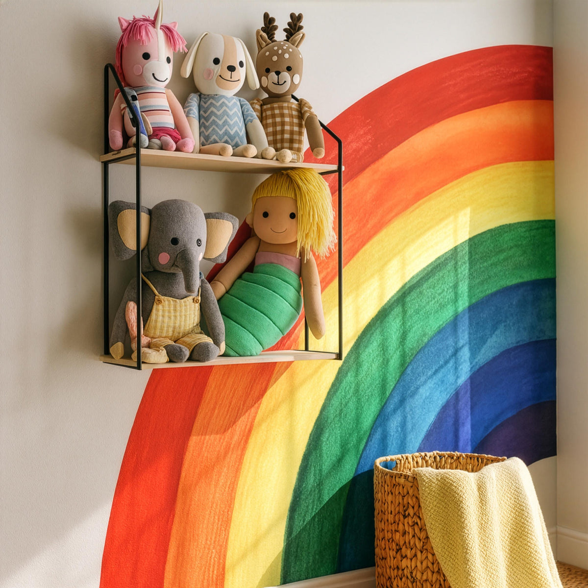 Corner Rainbow Wall Decal installed on a styled nursery wall