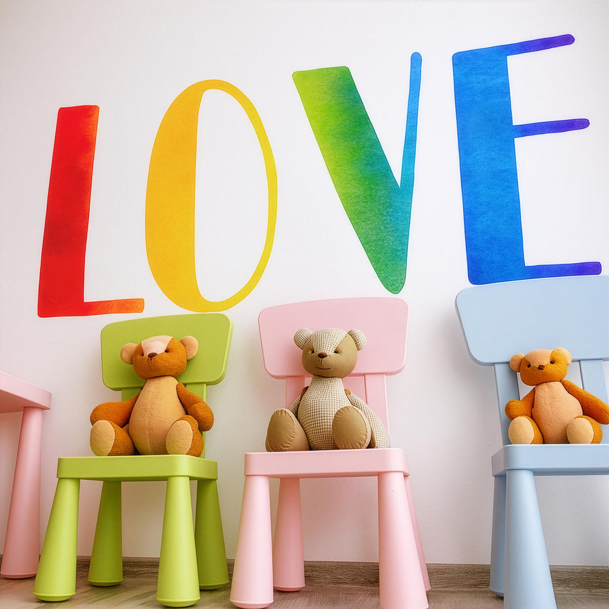 Rainbow LOVE Wall Decal styled in a room setting