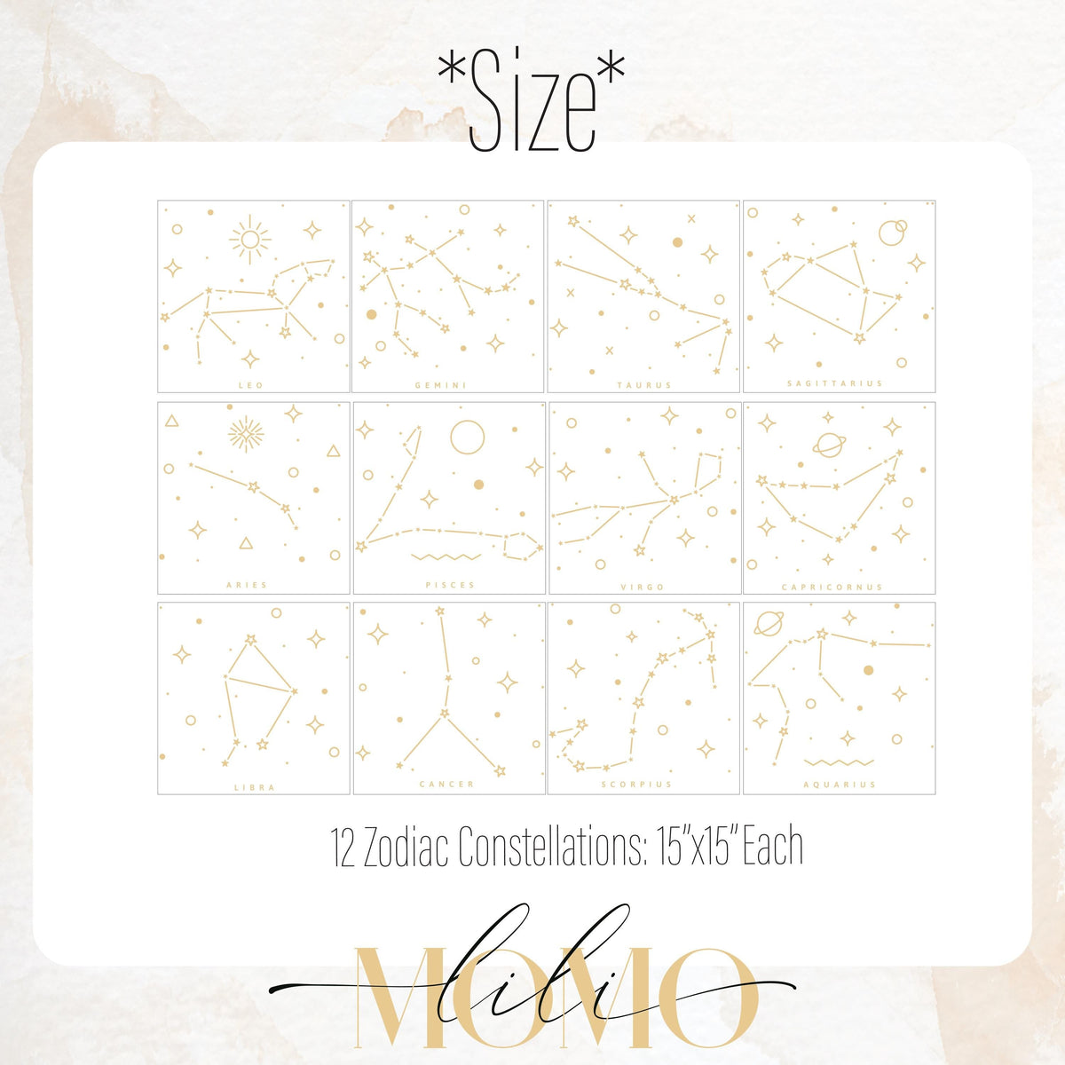 Close-up detail of 12 zodiac constellations wall decals set matte vinyl finish