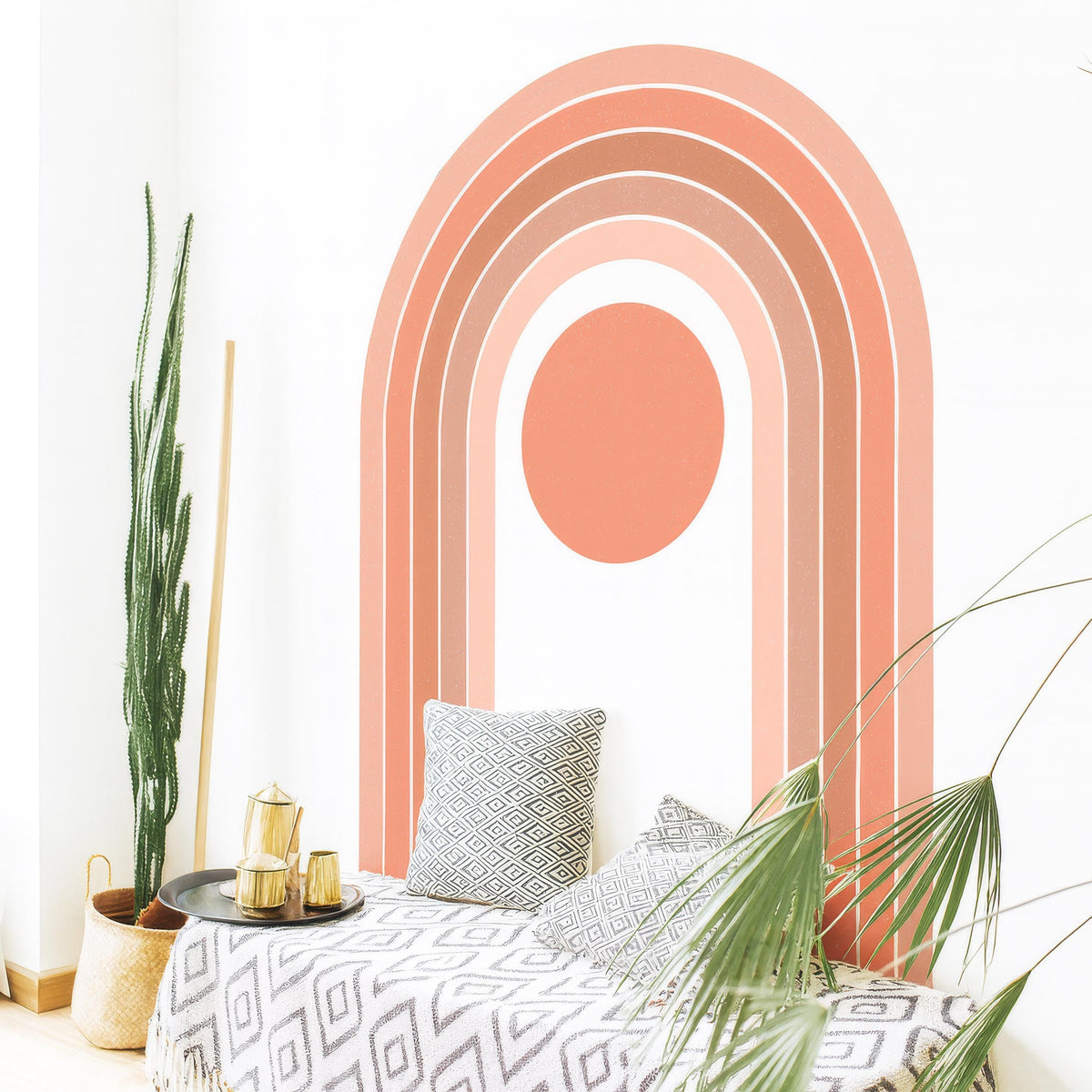 Boho Rainbow Wall Decal with Sun styled in a room setting