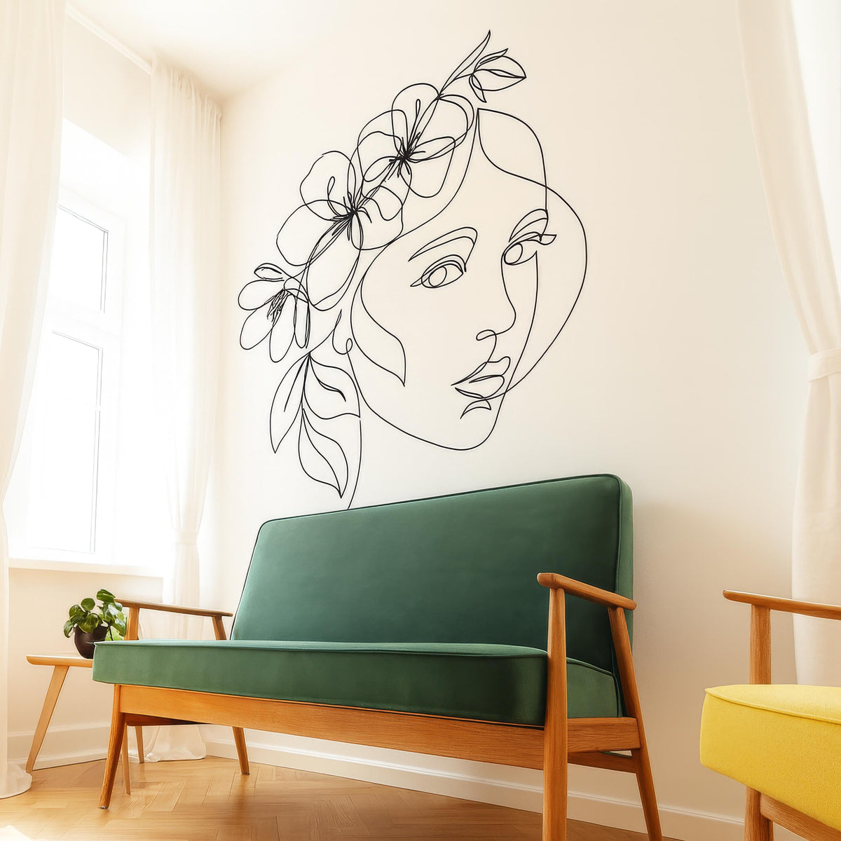 Large Minimalist Floral Face Line Art Wall Decal displayed in a styled space