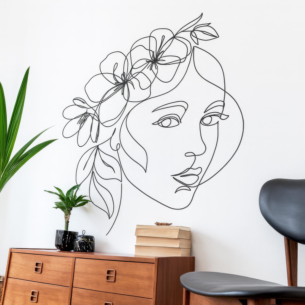 Large Minimalist Floral Face Line Art Wall Decal styled in a room setting