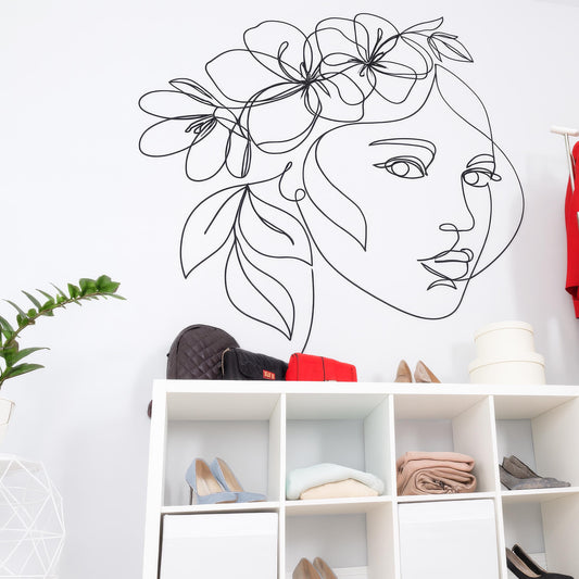 Large Minimalist Floral Face Line Art Wall Decal installed on a styled wall