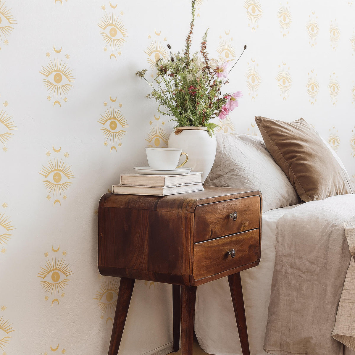 Boho Mystical Eye Wall Decals (30 or 60) arranged on a feature wall
