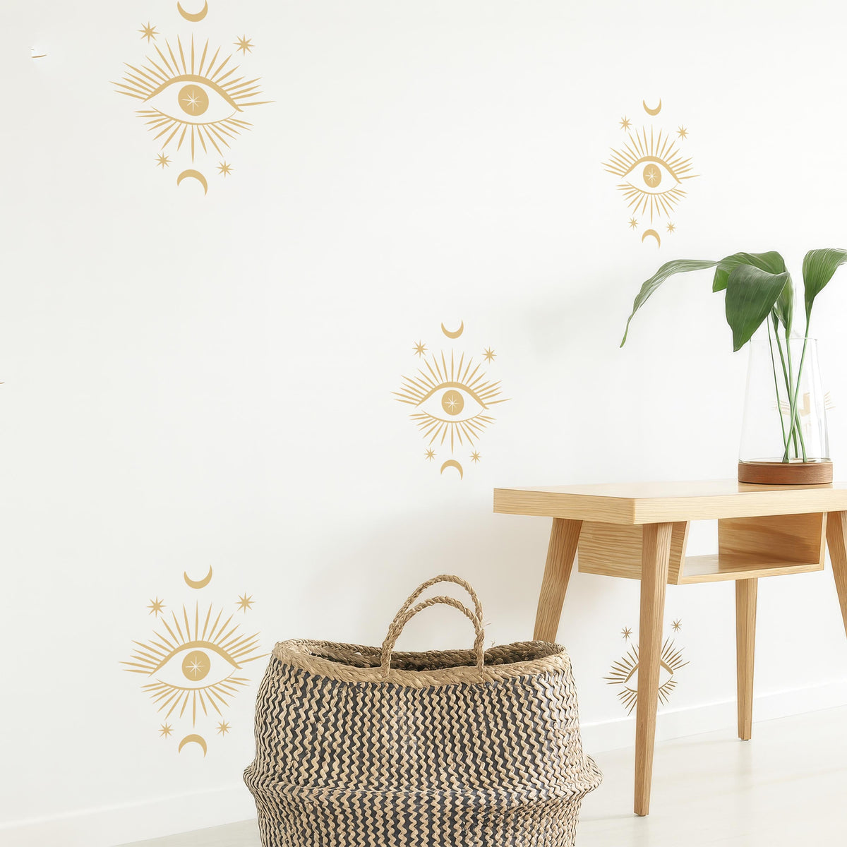 Boho Mystical Eye Wall Decals (30 or 60) installed on a styled wall