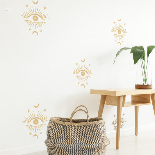 Boho Mystical Eye Wall Decals (30 or 60) installed on a styled wall