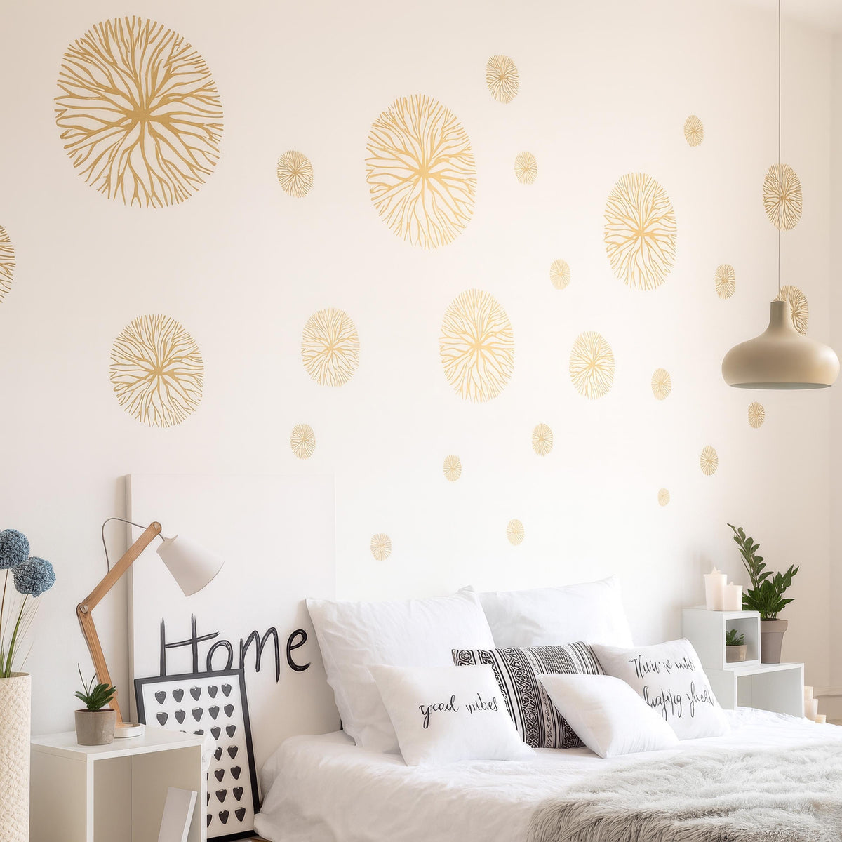 Abstract Flower Wall Decals Set of shown in a home interior