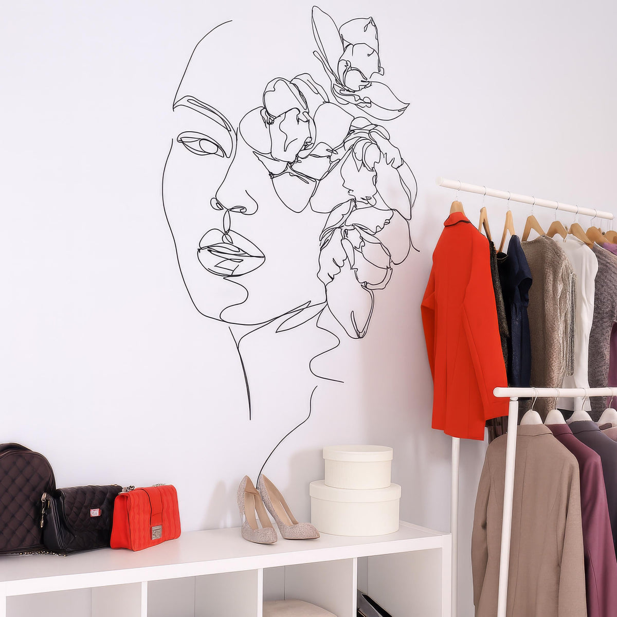 Minimalist Floral Face Wall Decal arranged on a feature wall