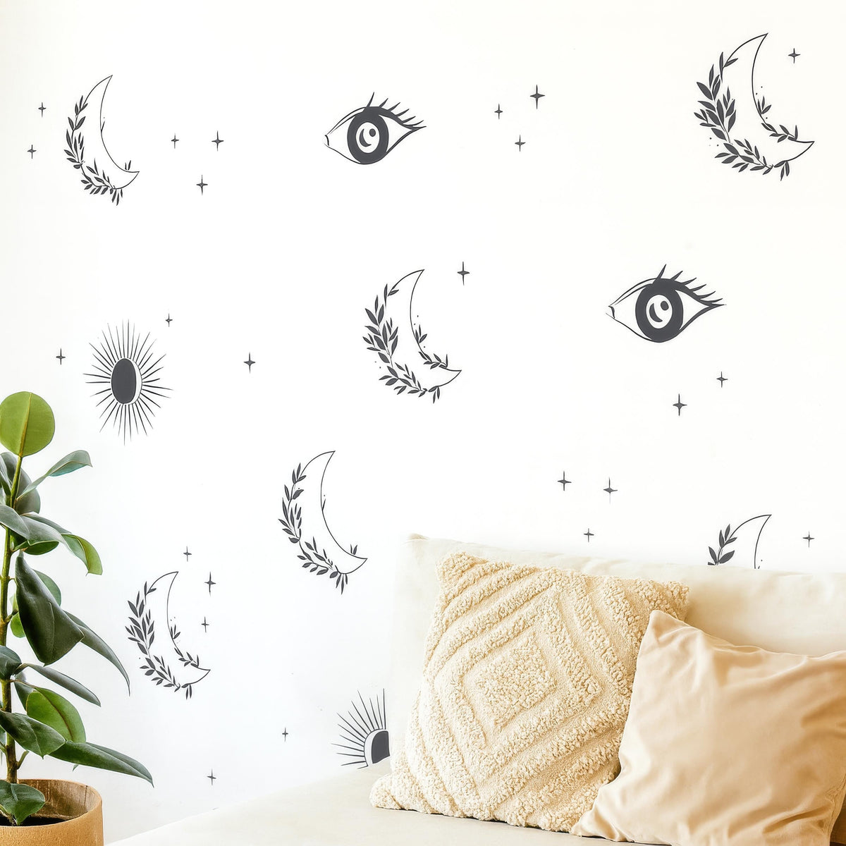 Boho Celestial Wall Decal Set arranged on a feature wall