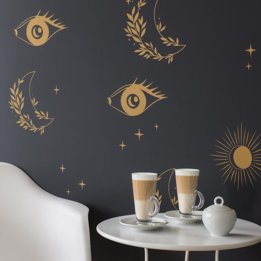 Boho Celestial Wall Decal Set installed on a styled wall
