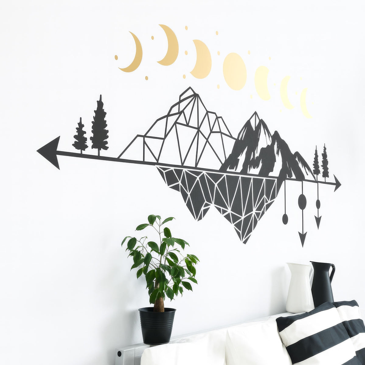 Boho Mountain Moon Phase Wall Decal shown in a home interior