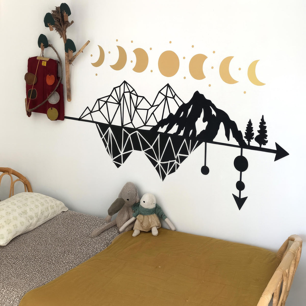 Boho Mountain Moon Phase Wall Decal arranged on a feature wall