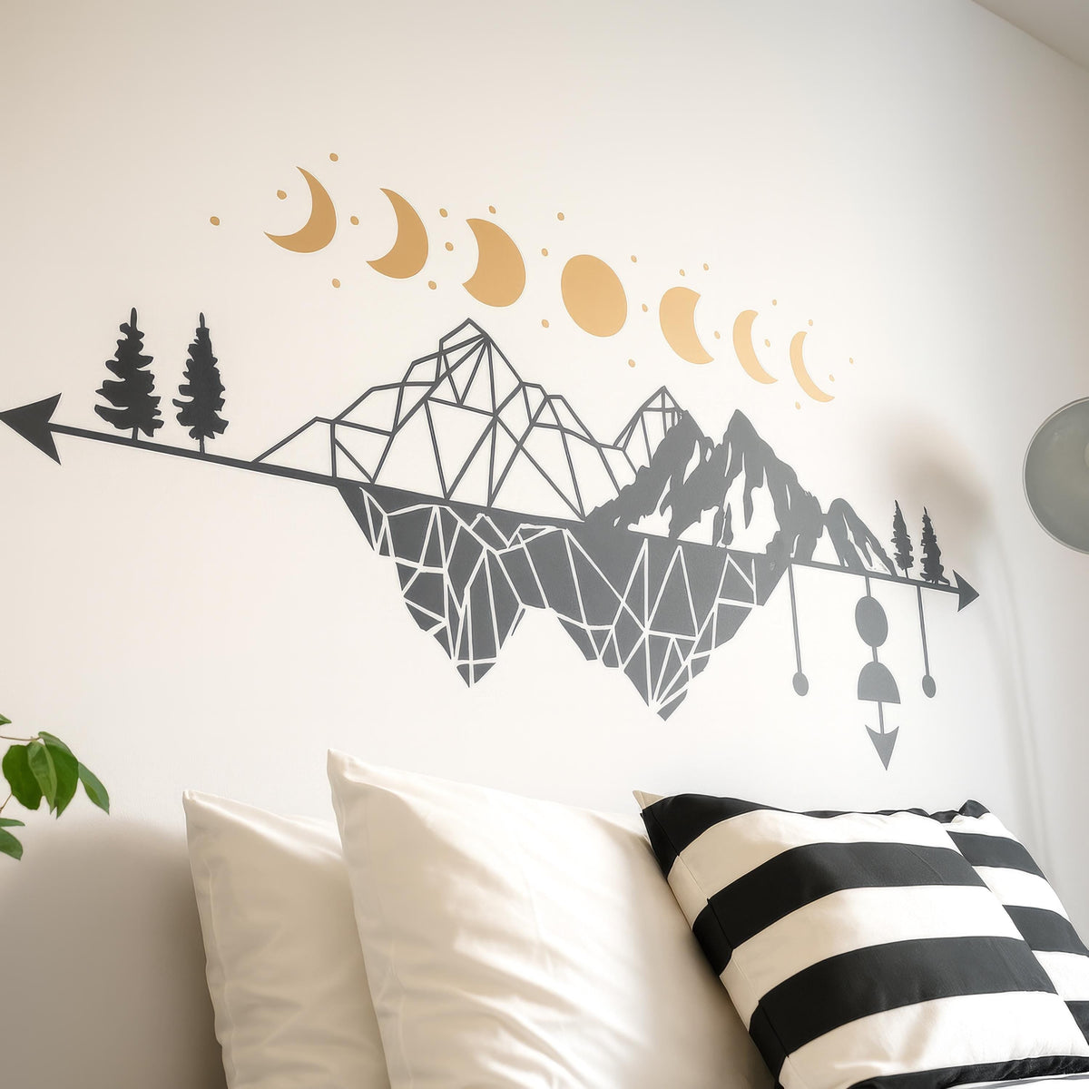 Boho Mountain Moon Phase Wall Decal installed on a styled wall