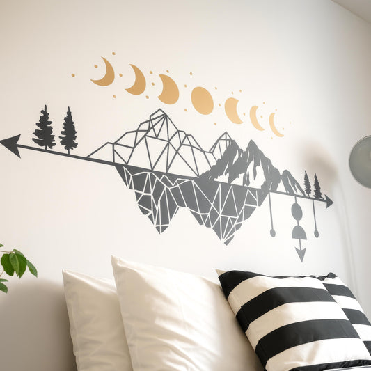 Boho Mountain Moon Phase Wall Decal installed on a styled wall