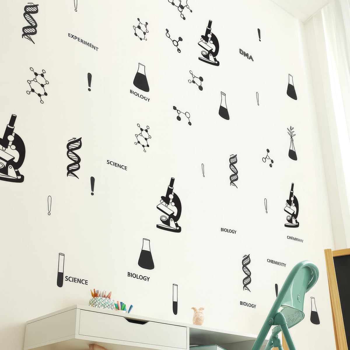 Science Wall Decals Set arranged on a feature wall