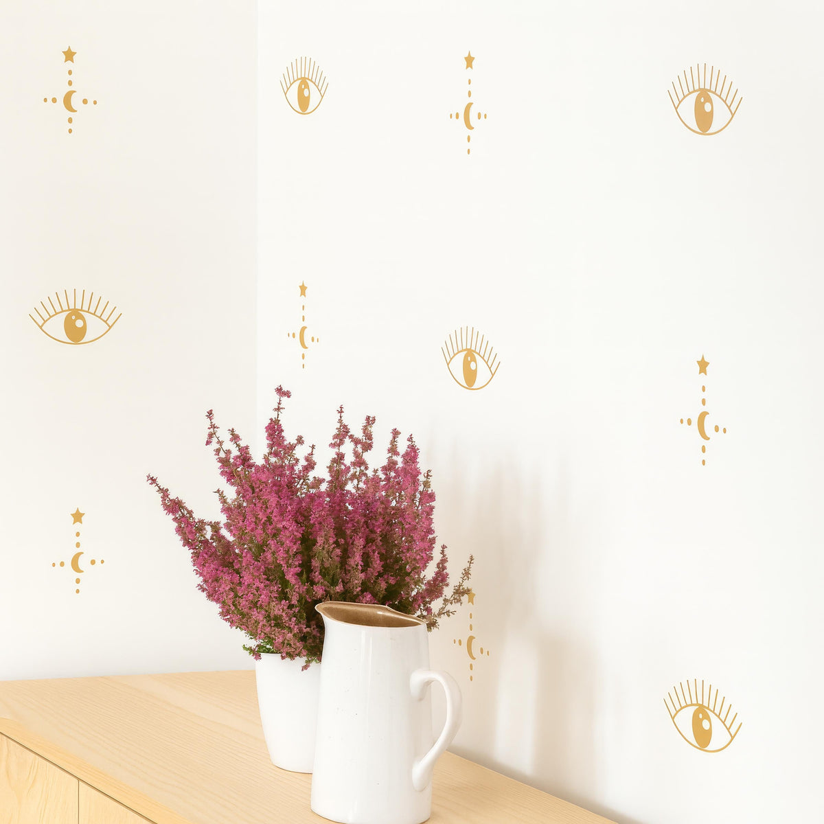 Boho Evil Eye Wall Decals displayed in a styled space