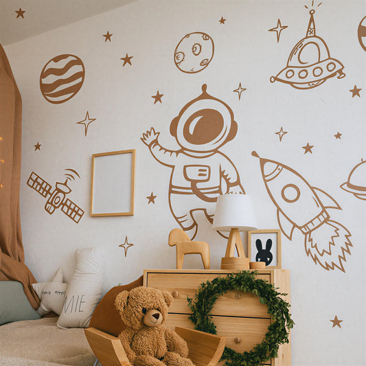 Astronaut Space Wall Decals Set installed on a styled wall