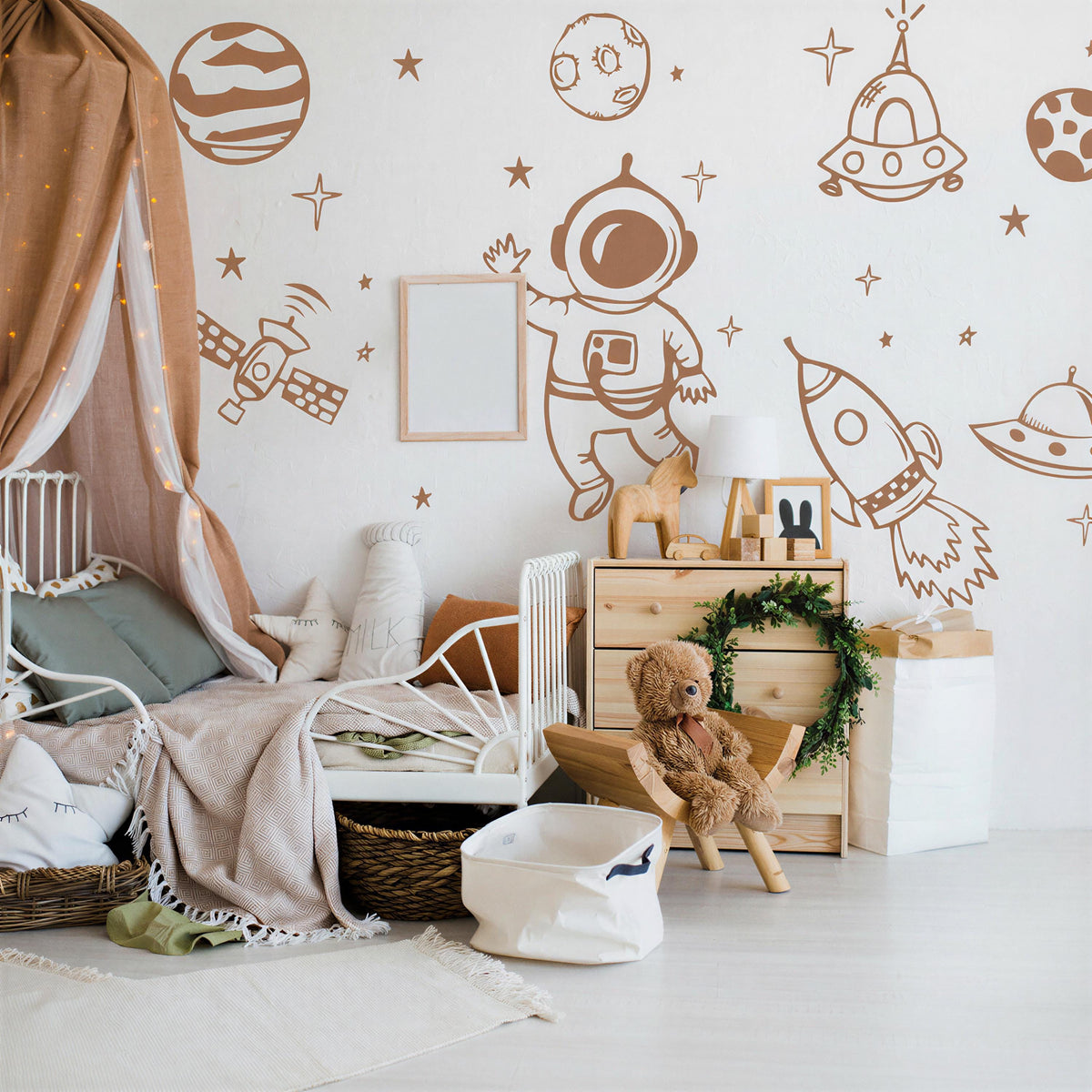 Astronaut Space Wall Decals Set shown in a home interior