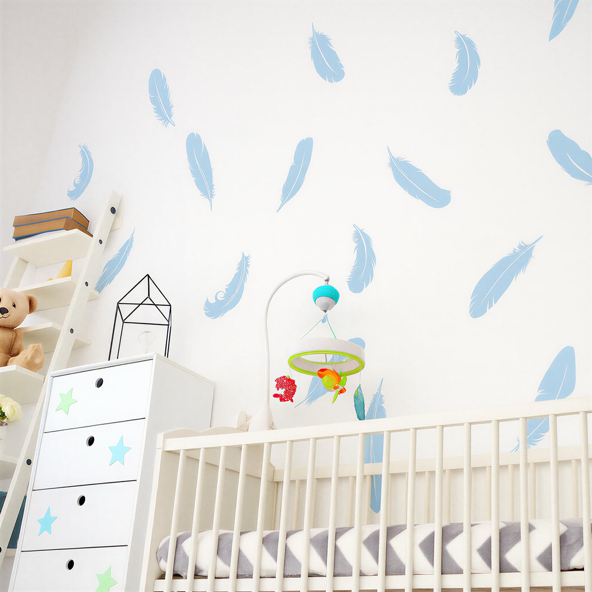 Boho Feather Wall Decals Set of displayed in a styled space