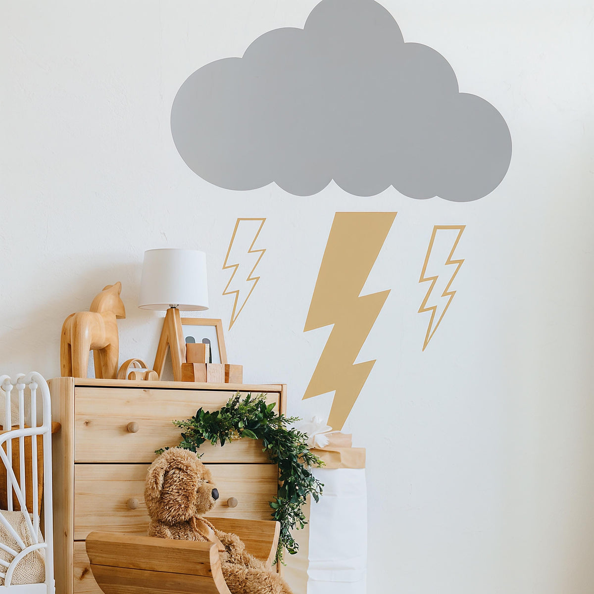 Storm Cloud & Lightning Wall Decal Set arranged on a feature wall