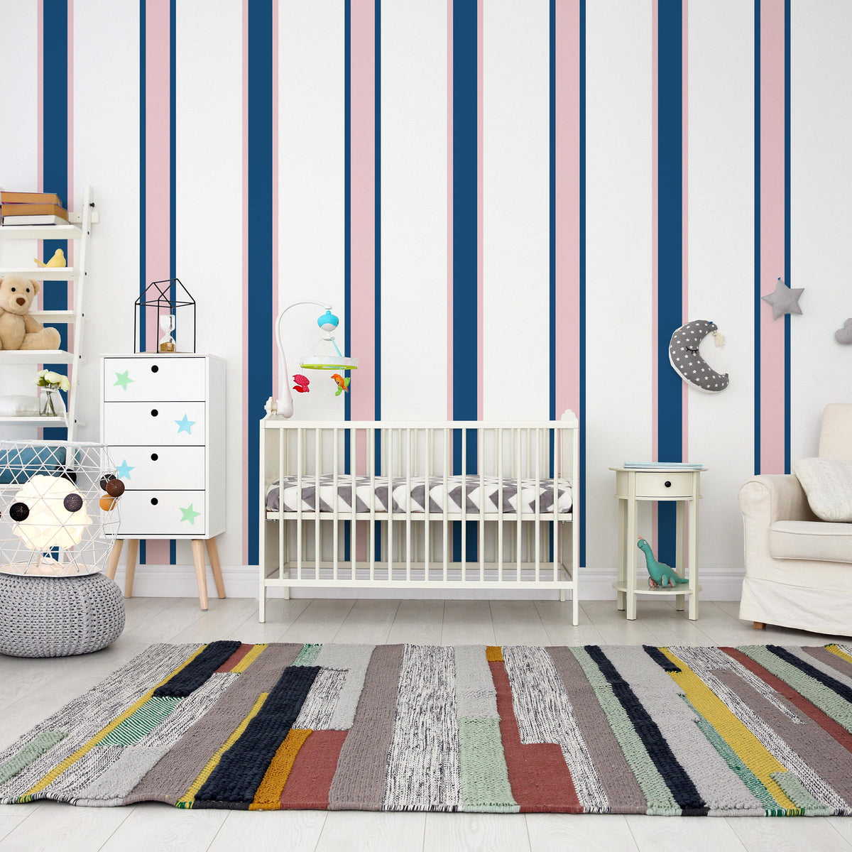 Pink and Navy Stripe Wall Decals shown in a home interior