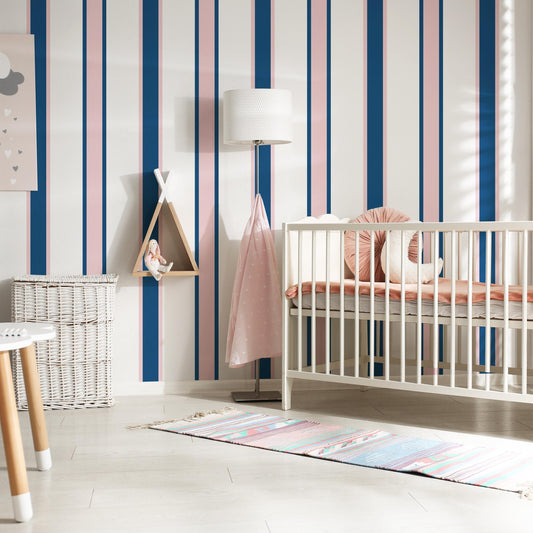 Pink and Navy Stripe Wall Decals installed on a styled wall