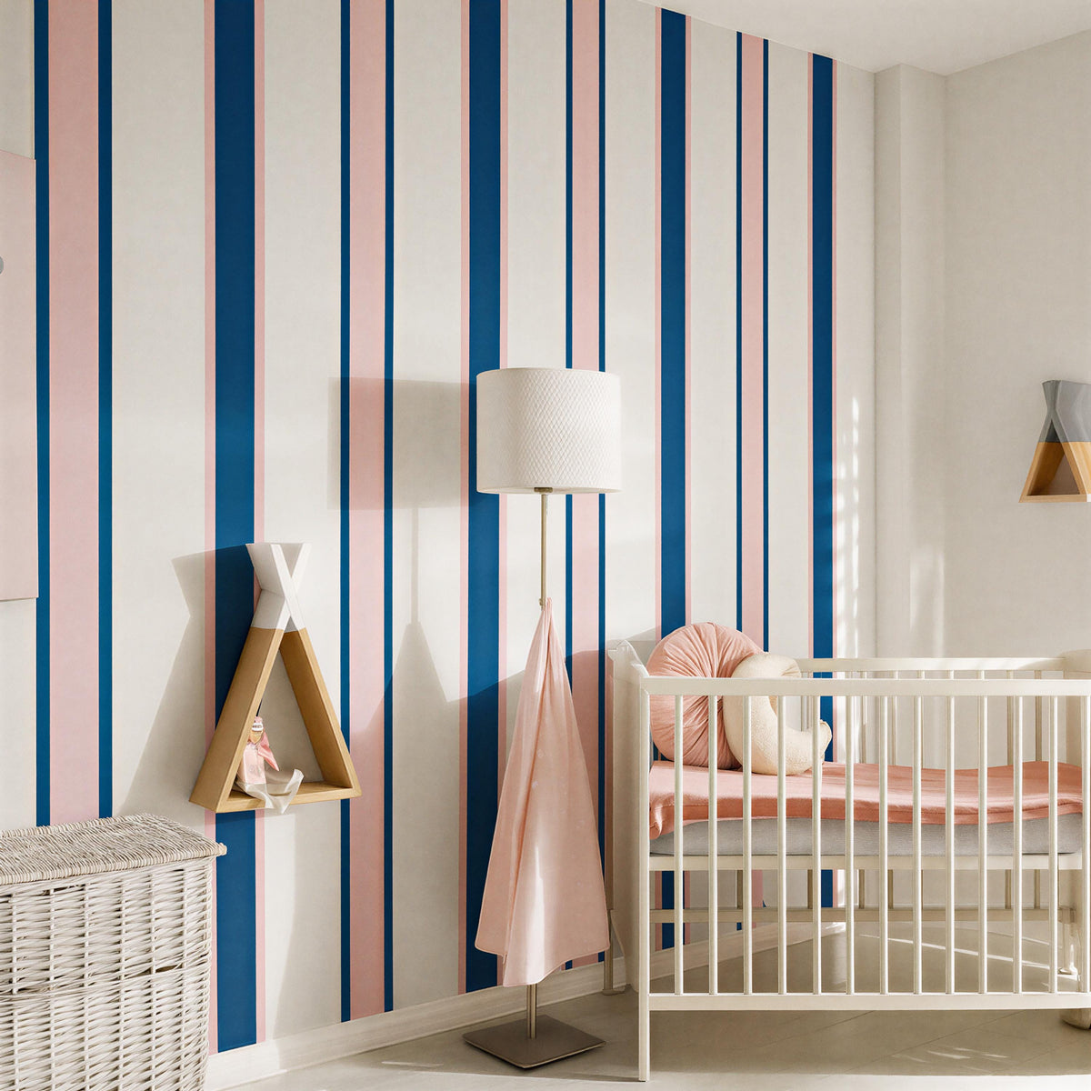 Pink and Navy Stripe Wall Decals displayed in a styled space