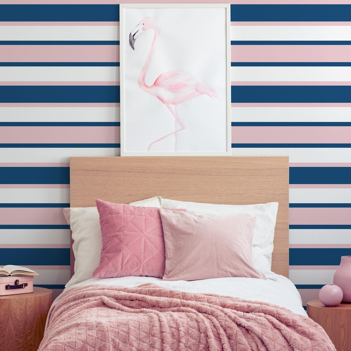 Pink and Navy Stripe Wall Decals styled in a room setting