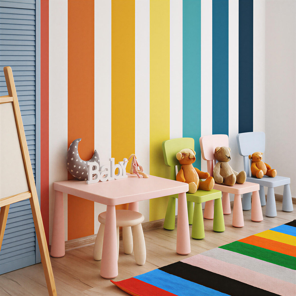 Rainbow Stripe Wall Decals displayed in a styled space