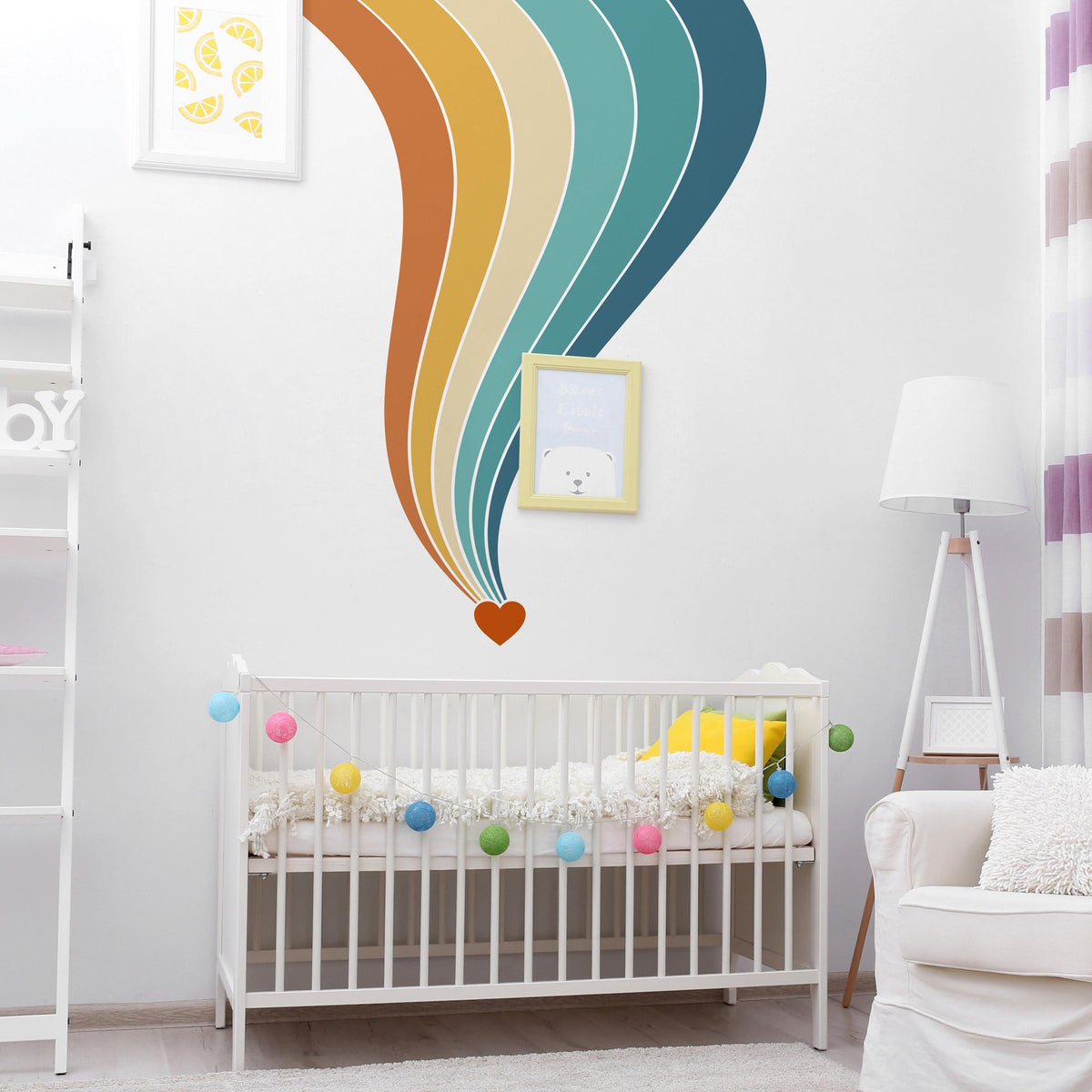 Retro Rainbow Corner Wall Decal with Heart arranged on a feature wall