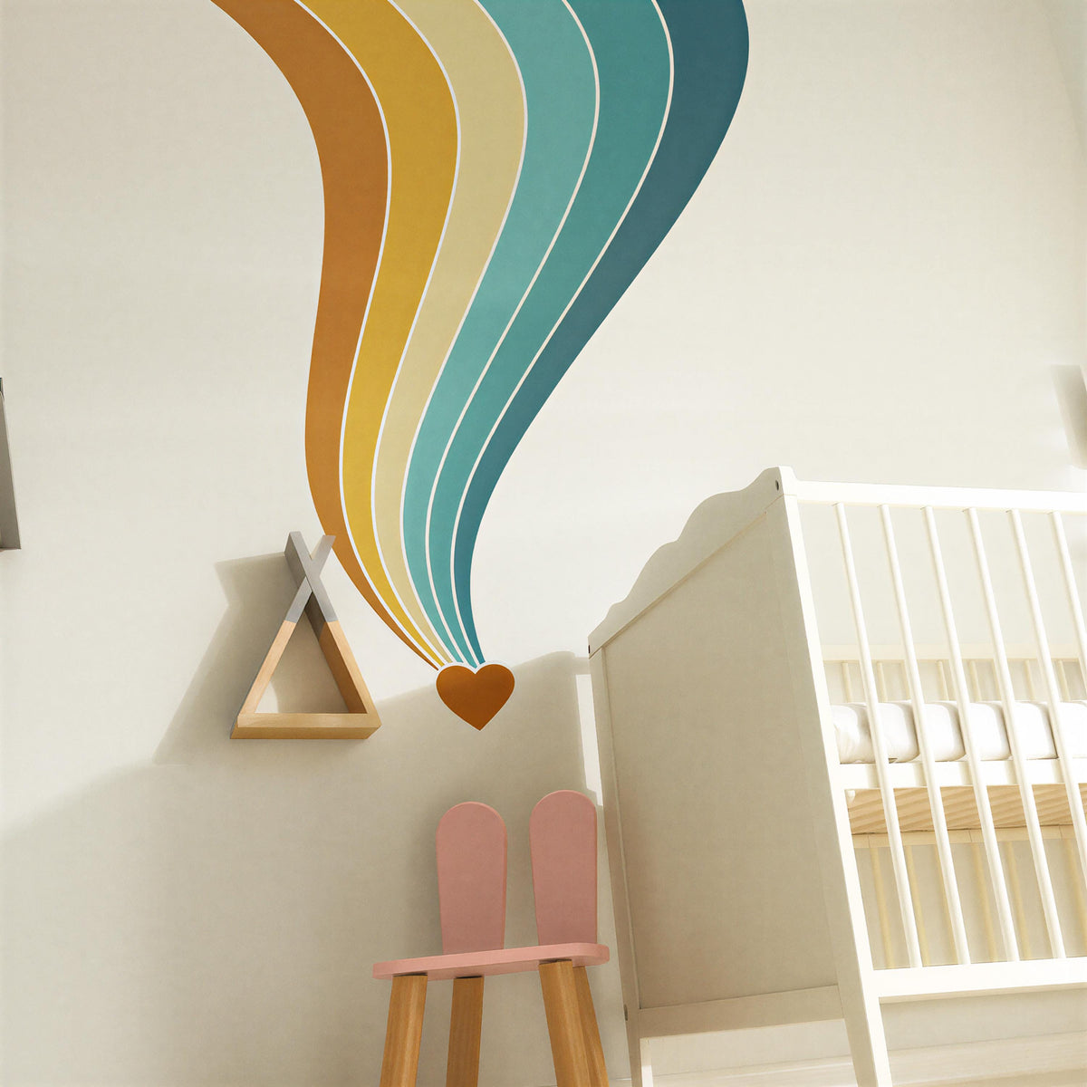 Retro Rainbow Corner Wall Decal with Heart displayed in a styled space