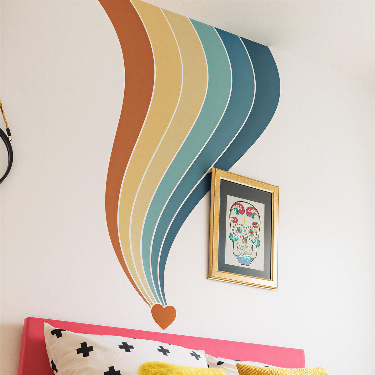 Retro Rainbow Corner Wall Decal with Heart installed on a styled wall