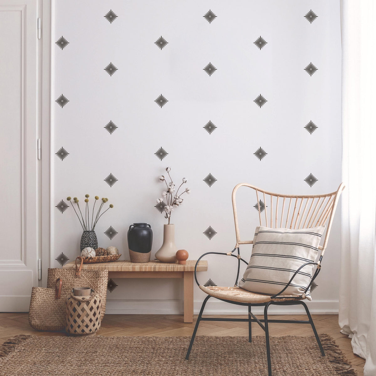 Mid Century Starburst Wall Decals styled in a room setting